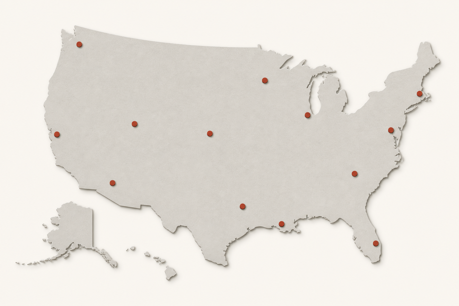 Illustrated United States map showing nationwide advisory reach; markers are illustrative only